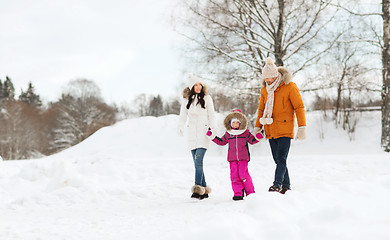 Image showing happy family in winter clothes walking outdoors