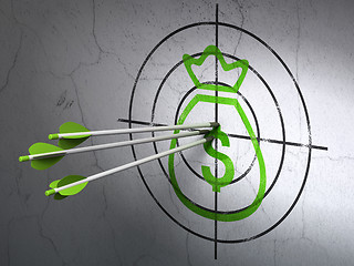 Image showing Currency concept: arrows in Money Bag target on wall background