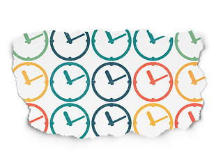 Image showing Timeline concept: Clock icons on Torn Paper background