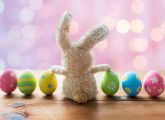 Image showing close up of colored easter eggs and bunny