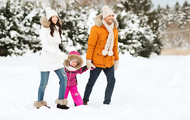 Image showing happy family in winter clothes walking outdoors