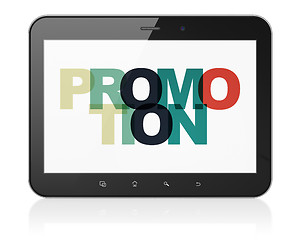 Image showing Marketing concept: Tablet Computer with Promotion on  display