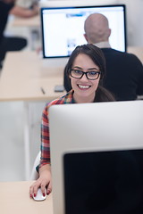 Image showing startup business, woman  working on desktop computer