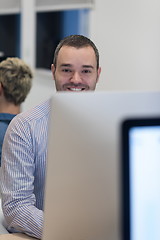 Image showing startup business, software developer working on desktop computer