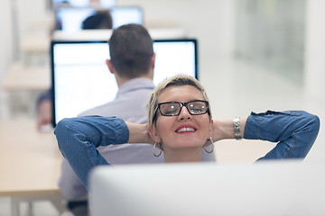 Image showing startup business, woman  working on desktop computer