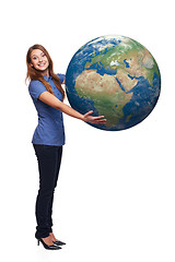 Image showing Woman in full length holding earth globe