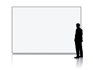 Image showing man in front of a big white screen