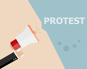 Image showing Hands holding protest signs and bullhorn, crowd of people protesters background, political, politic crisis poster, fists, revolution placard concept symbol flat style modern design vector illustration