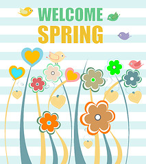 Image showing Welcome Spring Holiday Card. Welcome Spring Vector. Welcome Spring background. Spring Holiday Graphic. Welcome Spring Art. Spring Holiday Drawing