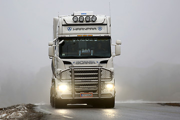 Image showing Front View of White Scania Truck in Fog