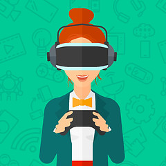 Image showing Woman wearing virtual reality headset.