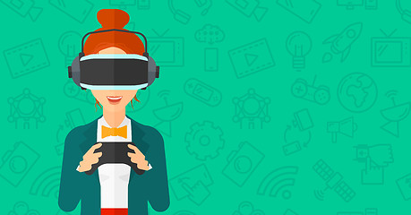 Image showing Woman wearing virtual reality headset.