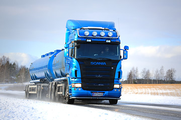 Image showing Blue Scania R500 Tank Truck on Winter Road