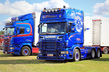 Image showing Two Blue Scania Show Trucks