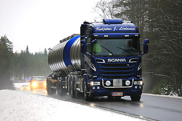 Image showing Blue Scania Euro 6 Tank Truck in Traffic