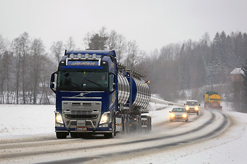 Image showing New Volvo FH Tank Truck on Foggy Day