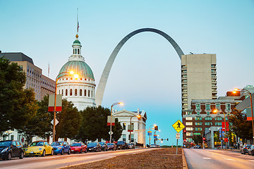 Image showing Downtown St Louis, MO with the Old Courthouse and the Gateway Ar