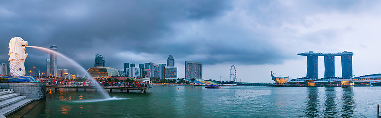 Image showing Panoramic overview of Singapore with the Merlion and Marina Bay 