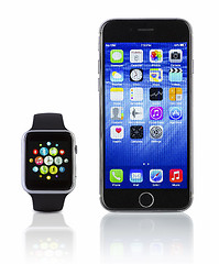 Image showing Apple Watch Sport with iPhone 6s on white