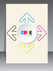 Image showing Cmyk brochure with color arrow lines and white 3d circle