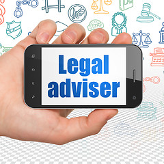 Image showing Law concept: Hand Holding Smartphone with Legal Adviser on display