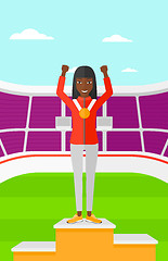 Image showing Athlete with medal and hands raised.