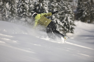 Image showing snowboarder woman enjoy freeride on fresh powder snow