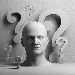 Image showing Thinking man statue and question marks