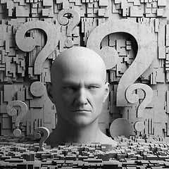 Image showing Thinking man statue and question marks