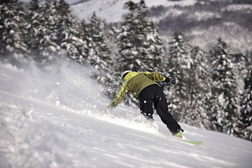 Image showing snowboarder woman enjoy freeride on fresh powder snow