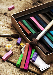 Image showing Crayons and paints