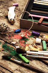 Image showing Crayons and paints