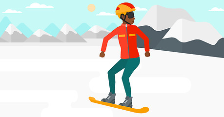 Image showing Young woman snowboarding.