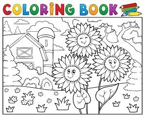 Image showing Coloring book sunflowers near farm