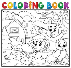 Image showing Coloring book happy animals near farm