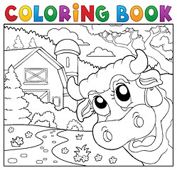 Image showing Coloring book lurking cow near farm