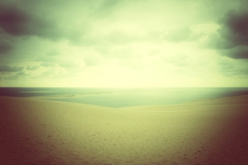 Image showing Misty landscape with sand dunes and sea