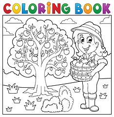 Image showing Coloring book girl with collected apples