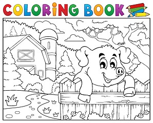 Image showing Coloring book pig behind fence near farm