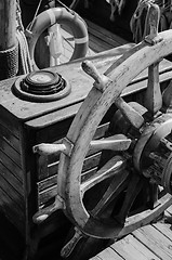 Image showing Steering wheel of an old sailing vessel, close up