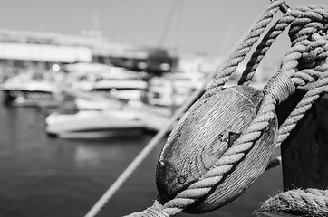 Image showing Blocks and rigging at the old sailboat, close-up