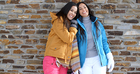 Image showing Cute twins in winter coats leaning on wall