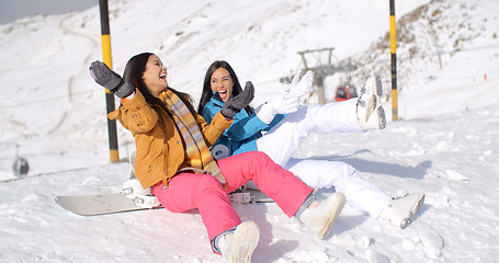 Image showing Two happy young women enjoying a winter holiday