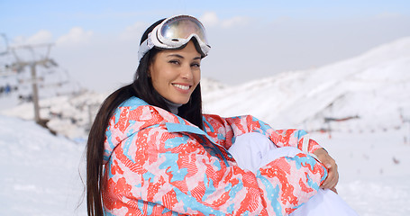 Image showing Gorgeous young woman in ski clothes and goggles