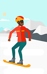 Image showing Young woman snowboarding.