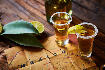 Image showing Tequila shot with lime and sea salt 