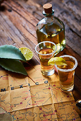 Image showing Tequila shot with lime and sea salt 