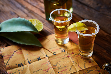 Image showing Tequila shot with lime and sea salt 