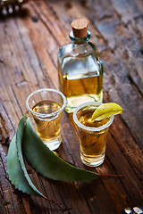 Image showing Tequila shot with lime and sea salt 