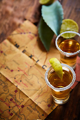 Image showing Tequila shot with lime and sea salt 